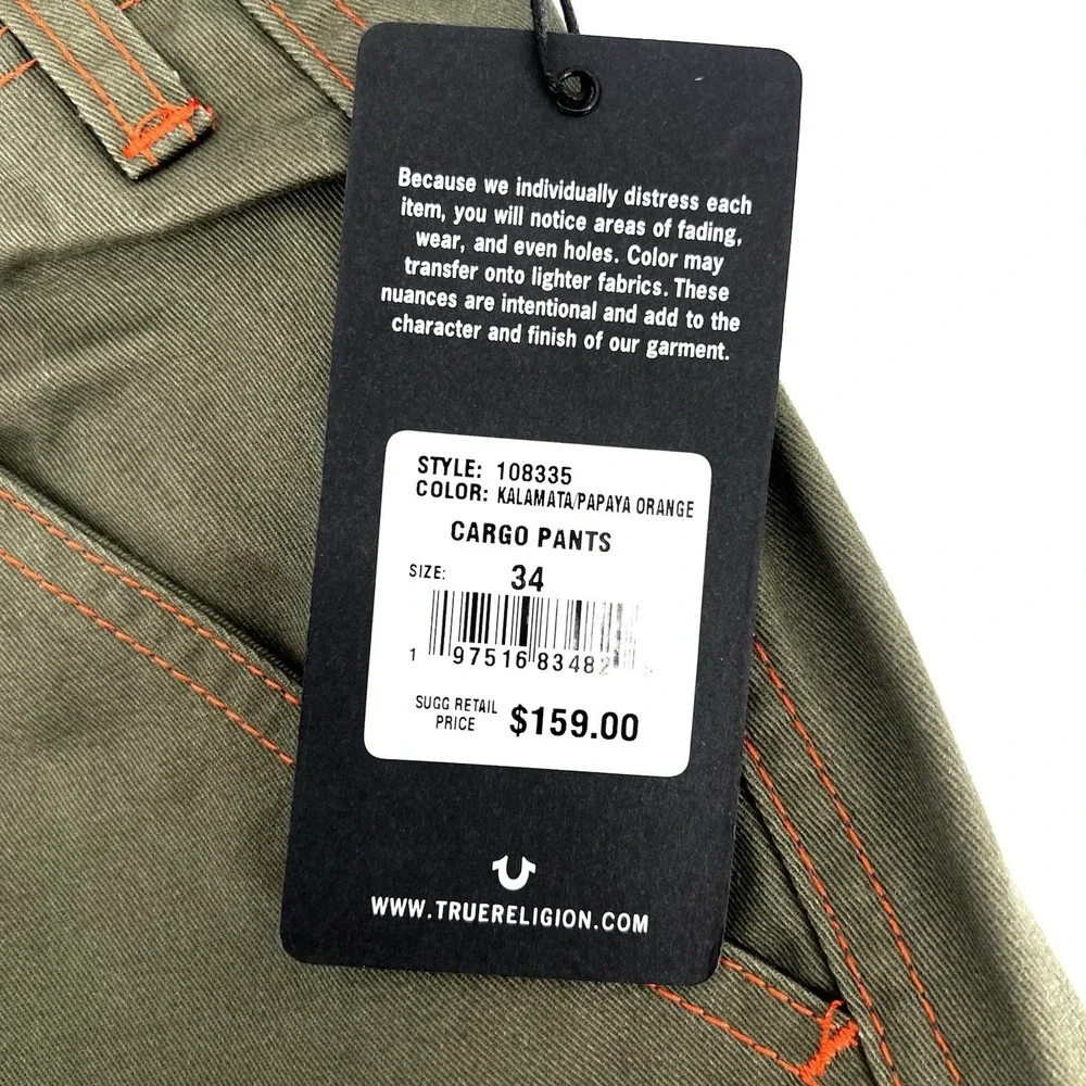 True Religion Cargo Pants Men's 34 Green‎ Kalamata Orange Stitching NWT $159 NEW